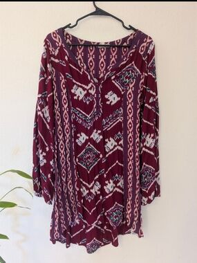 Roxy Burgundy Aztec V-Neck Tunic Dress or Top